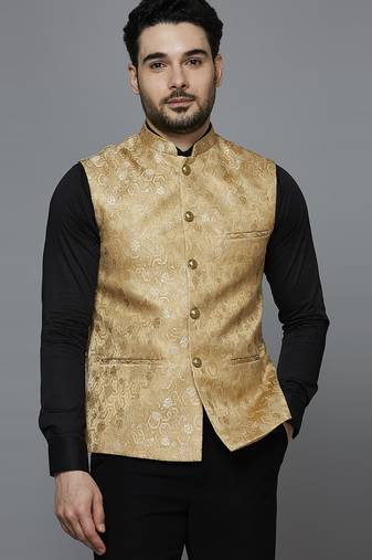 Men golden ethnic motif jacquard nehru jacket
