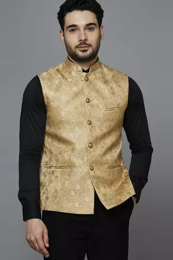 Men golden ethnic motif jacquard nehru jacket