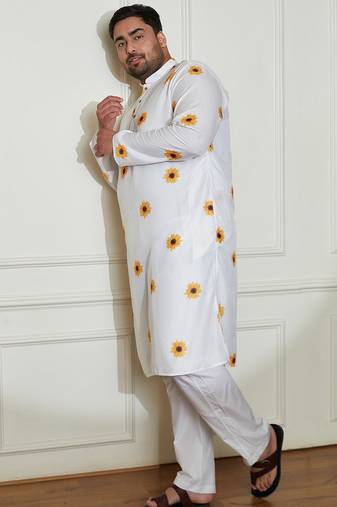Men's cream cotton blend kurta pyjama set