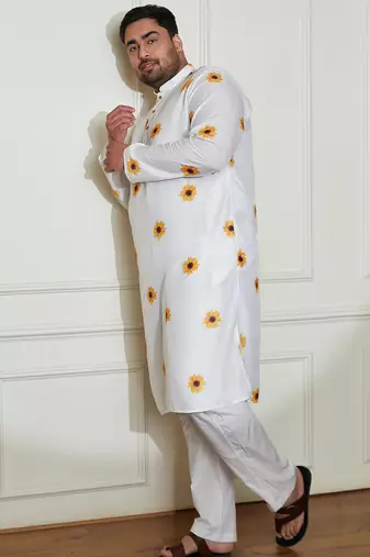 Men's cream cotton blend kurta pyjama set
