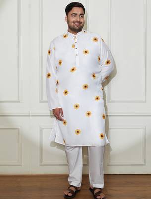 Men's cream cotton blend kurta pyjama set 2