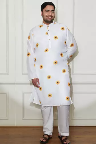 Men's cream cotton blend kurta pyjama set