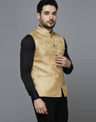 golden ethnic motif jacquard nehru jacket 2