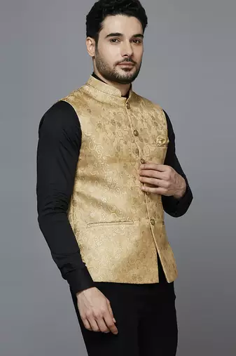 golden ethnic motif jacquard nehru jacket