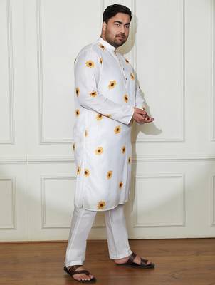Men's cream cotton blend kurta pyjama set 4