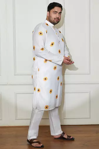 Men's cream cotton blend kurta pyjama set