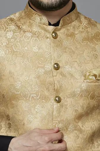 golden ethnic motif jacquard nehru jacket