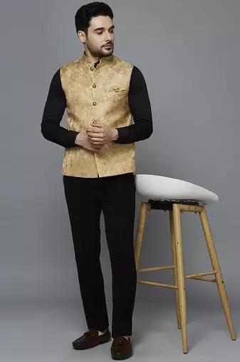 golden ethnic motif jacquard nehru jacket