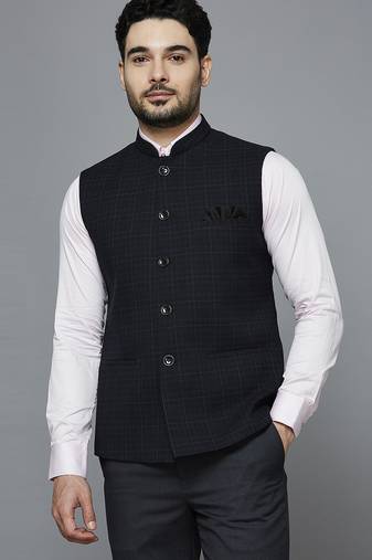 Men space grey nehru jacket with brown chex