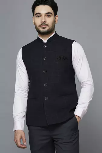 Men space grey nehru jacket with brown chex