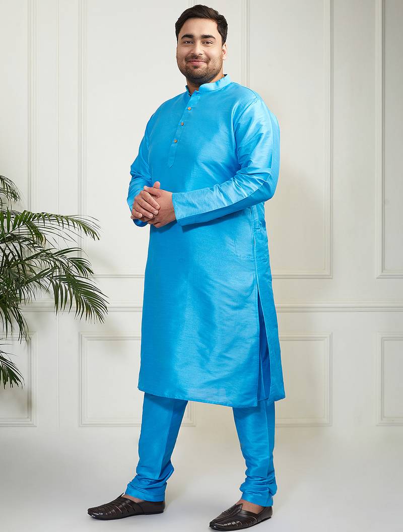 Men's aqua silk blend kurta pyjama set