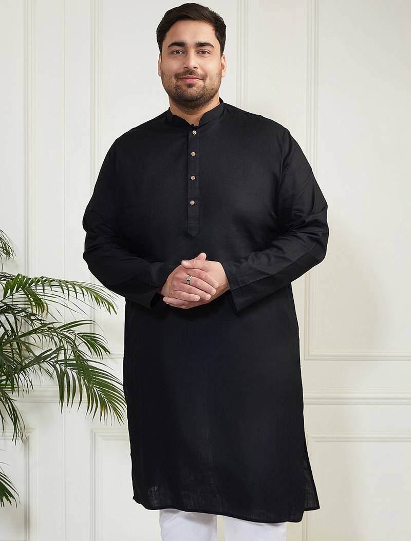 Men's black cotton linen kurta