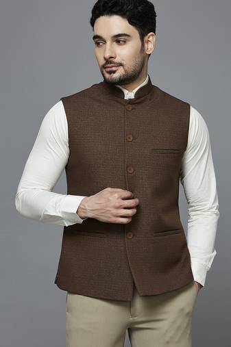 Men dark brown self design nehru jacket