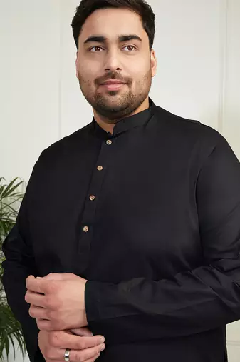 Men's black cotton linen kurta