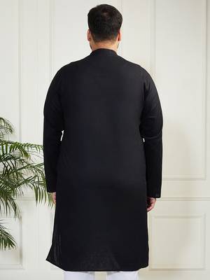 Men's black cotton linen kurta 4