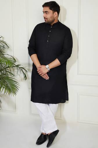 Men's black cotton linen kurta pyjama set