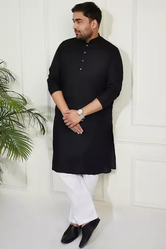 Men's black cotton linen kurta pyjama set
