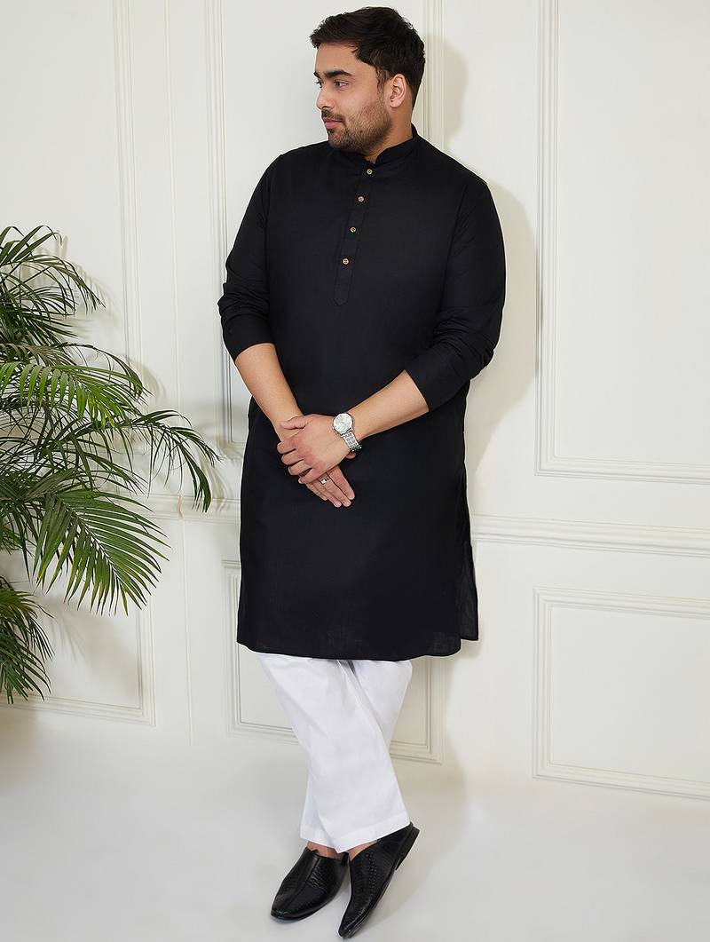 Men's black cotton linen kurta pyjama set