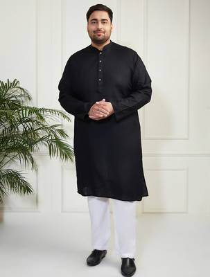 Men's black cotton linen kurta pyjama set 2