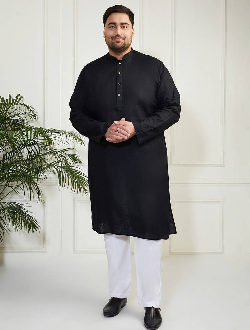Men's black cotton linen kurta pyjama set