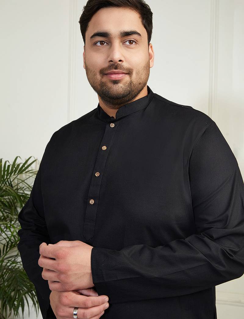 Men's black cotton linen kurta pyjama set