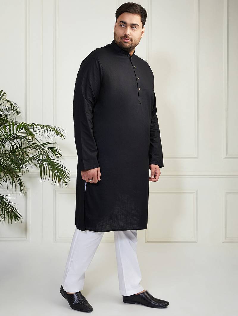 Men's black cotton linen kurta pyjama set