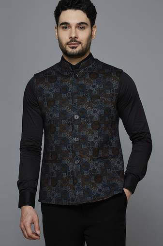Men knitted blue block print nehru jacket