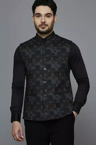Men knitted blue block print nehru jacket