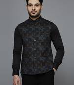 knitted blue block print nehru jacket
