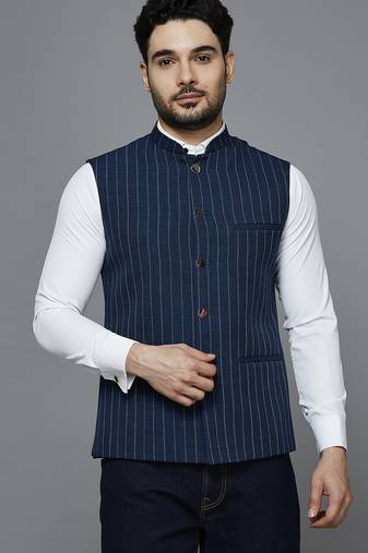 Men royal blue nehru jacket with white stripes