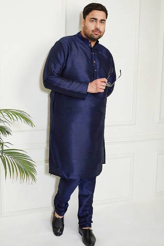 Men's navy blue silk blend kurta pyjama set