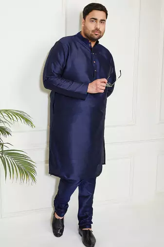 Men's navy blue silk blend kurta pyjama set