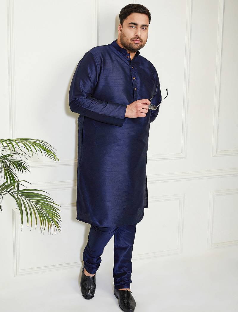 Men's navy blue silk blend kurta pyjama set