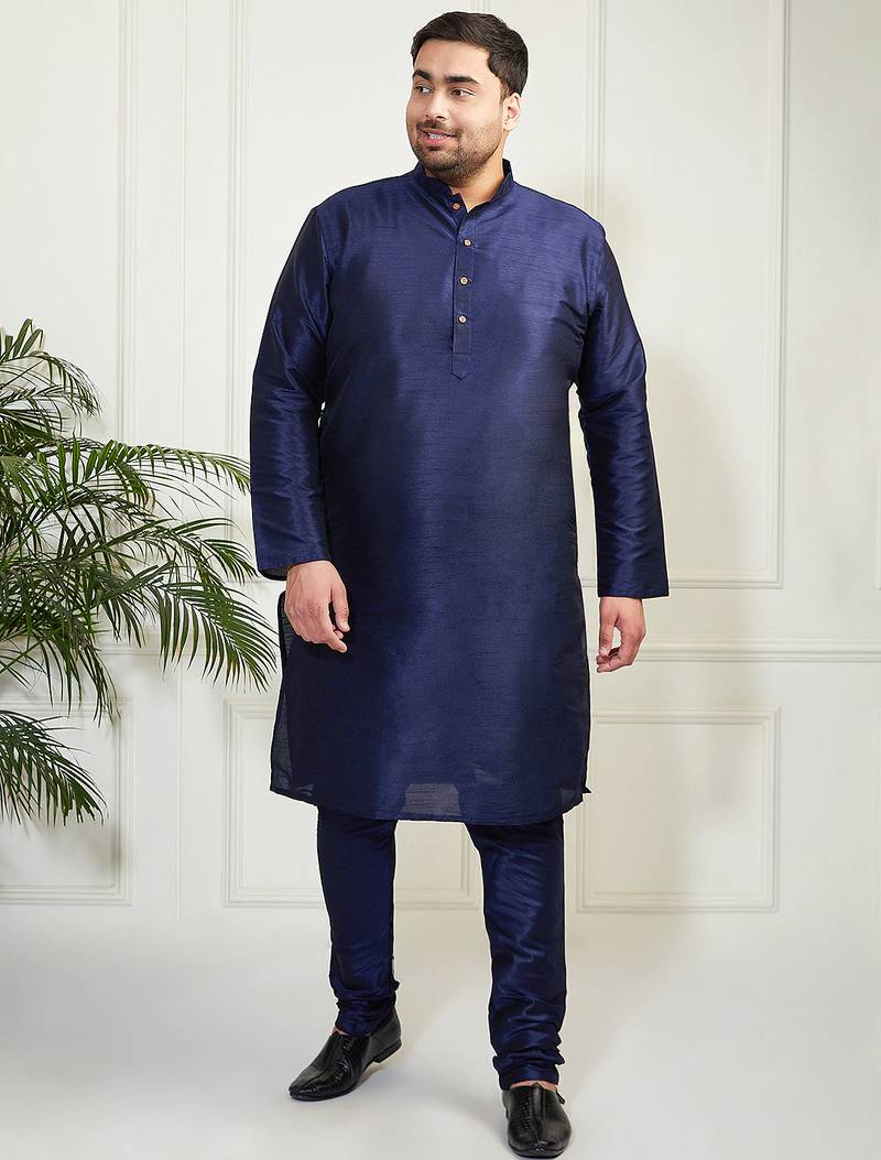 Men's navy blue silk blend kurta pyjama set