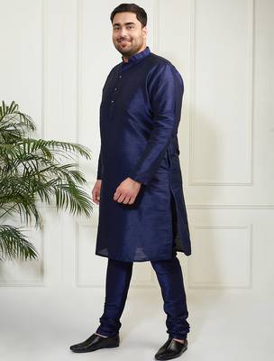 Men's navy blue silk blend kurta pyjama set 4