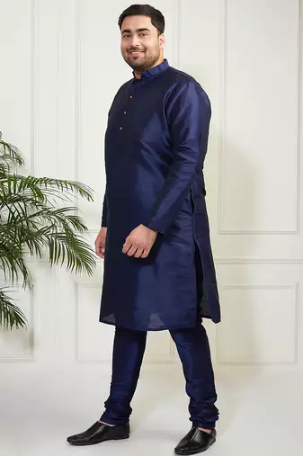 Men's navy blue silk blend kurta pyjama set