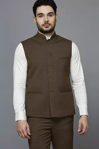 Men light brown self design nehru jacket