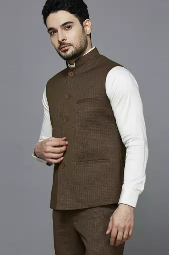 light brown self design nehru jacket