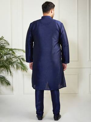 Men's navy blue silk blend kurta pyjama set 5