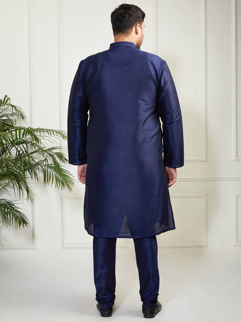 Men's navy blue silk blend kurta pyjama set