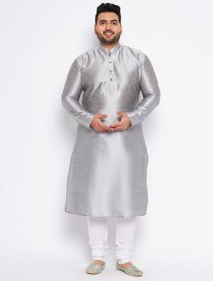 Men's grey silk blend kurta pyjama set 1