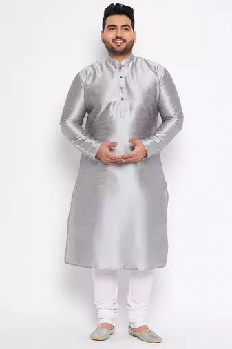 Men's grey silk blend kurta pyjama set