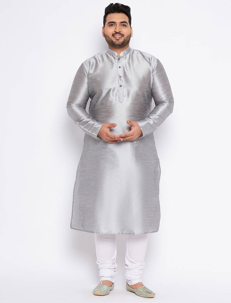 Men's grey silk blend kurta pyjama set
