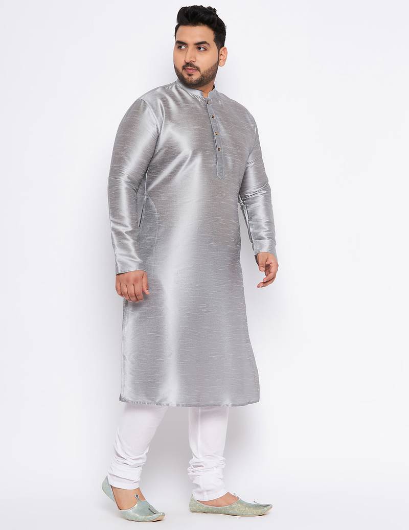Men's grey silk blend kurta pyjama set