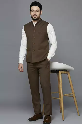 light brown self design nehru jacket