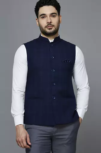 Men blue chex nehru jacket