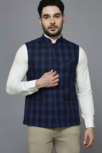 Men deep-blue nehru jacket with royal blue multi-lines chex