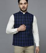 deep-blue nehru jacket with royal blue multi-lines chex