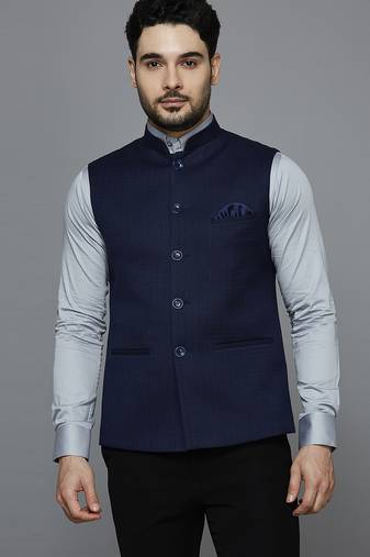 purplish blue nehru jacket with self design