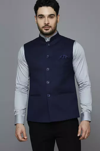 Men purplish blue nehru jacket with self design